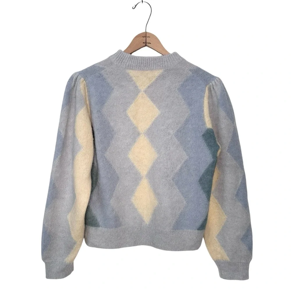 J. CREW Diamond Checked Argyle Cropped Crewneck Sweater Blue Cream Size Small